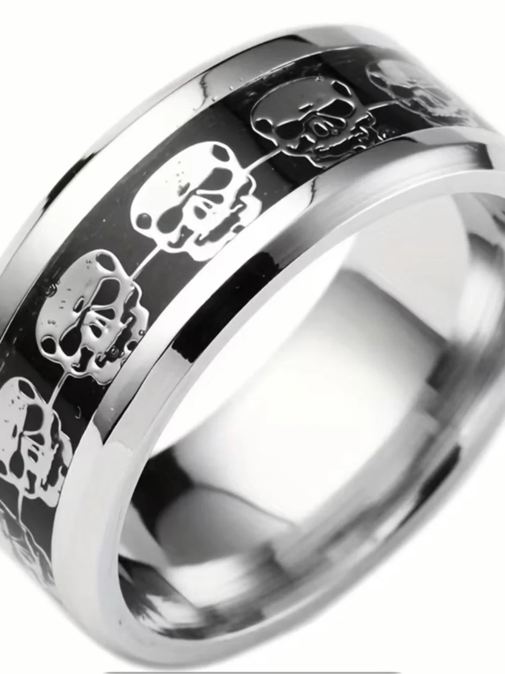 Stainless Steel Black Skull Inlay Men's Band Size 11
